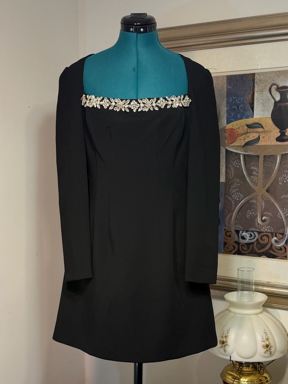ANTONIO MELANI Jacqueline Crepe Square Neck Long Sleeve Rhinestone Mini Dress 4